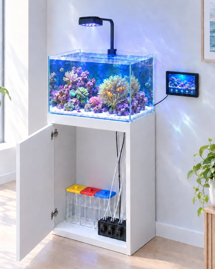 Um aquário marinho numa sala, com o console touch do REEF64 na parede e a dosadora no móvel embaixo