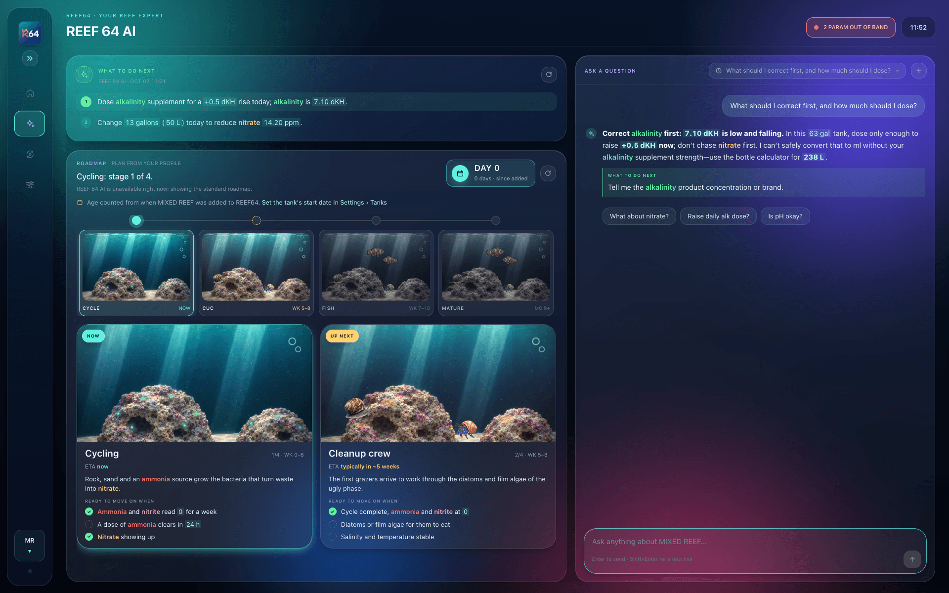 A tela da REEF 64 AI: o que fazer agora, o roteiro do aquário e um chat sobre ele