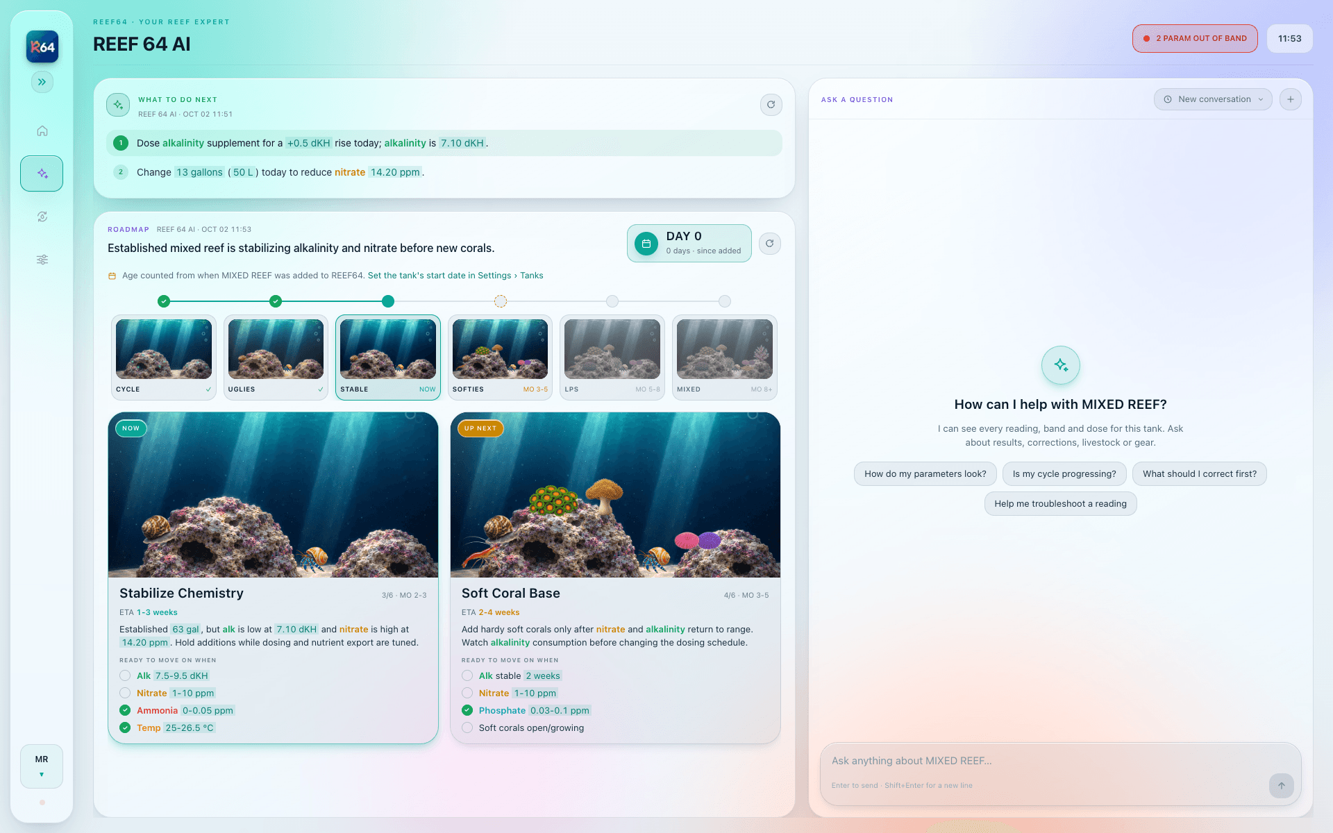 A tela da REEF 64 AI: o que fazer agora, o roteiro do aquário e um chat sobre ele